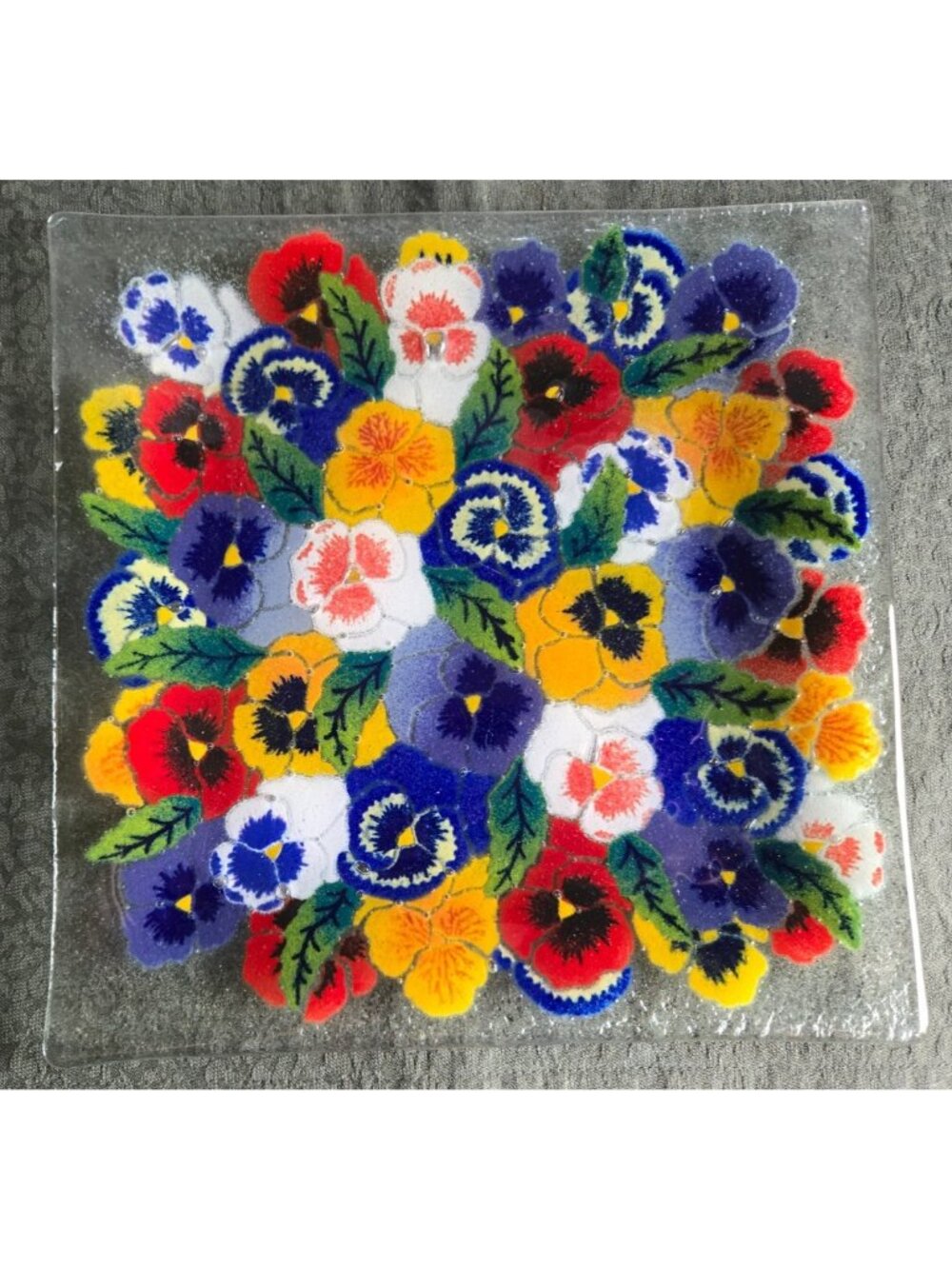 Peggy Karr Pansies Platter/Plate 9.5-inch Fused Glass Serving Dish Vintage